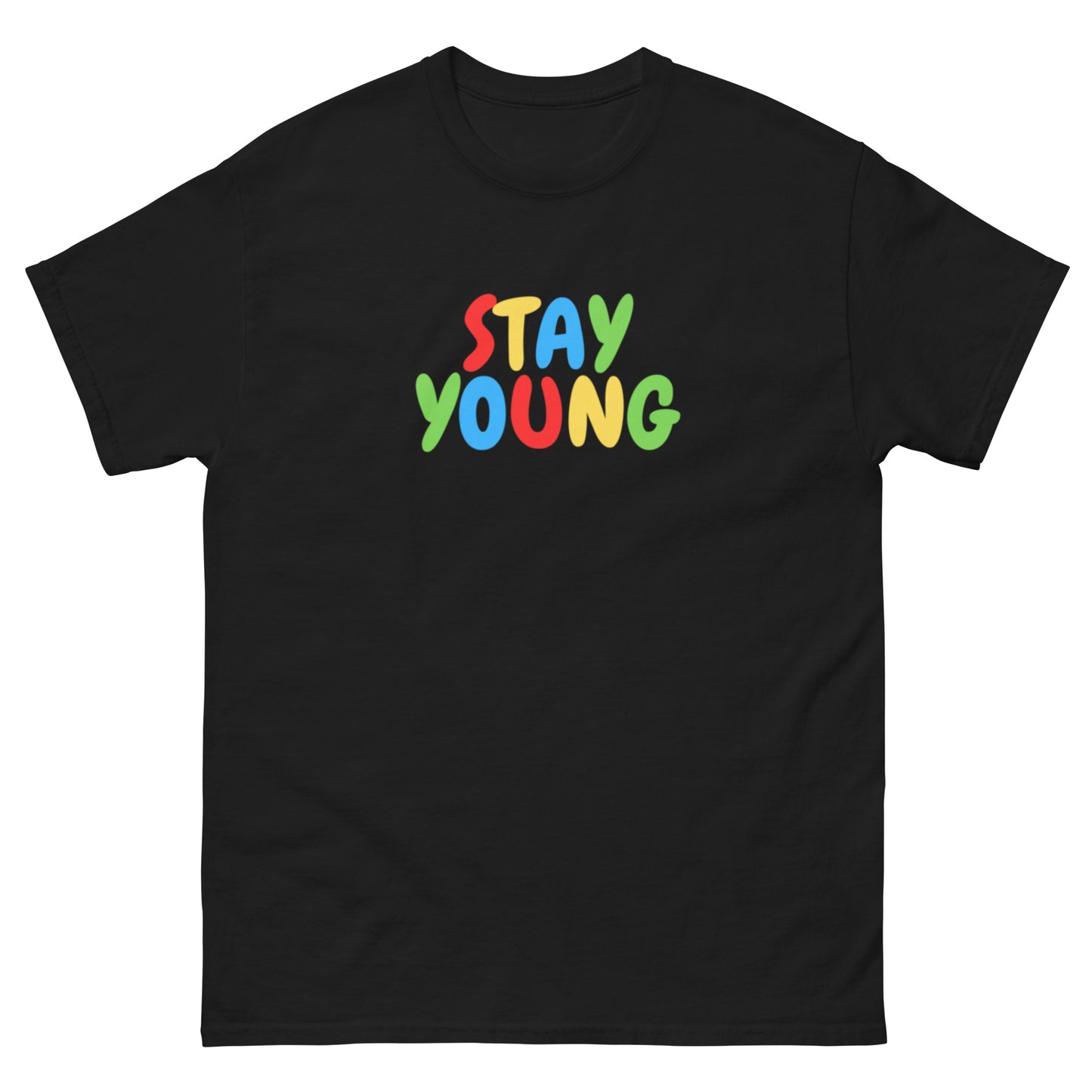 Stylish Stay Young graphic T-shirt in black with colorful logo, showcasing a fun and energetic design. Crafted from breathable cotton for a casual and trendy look.