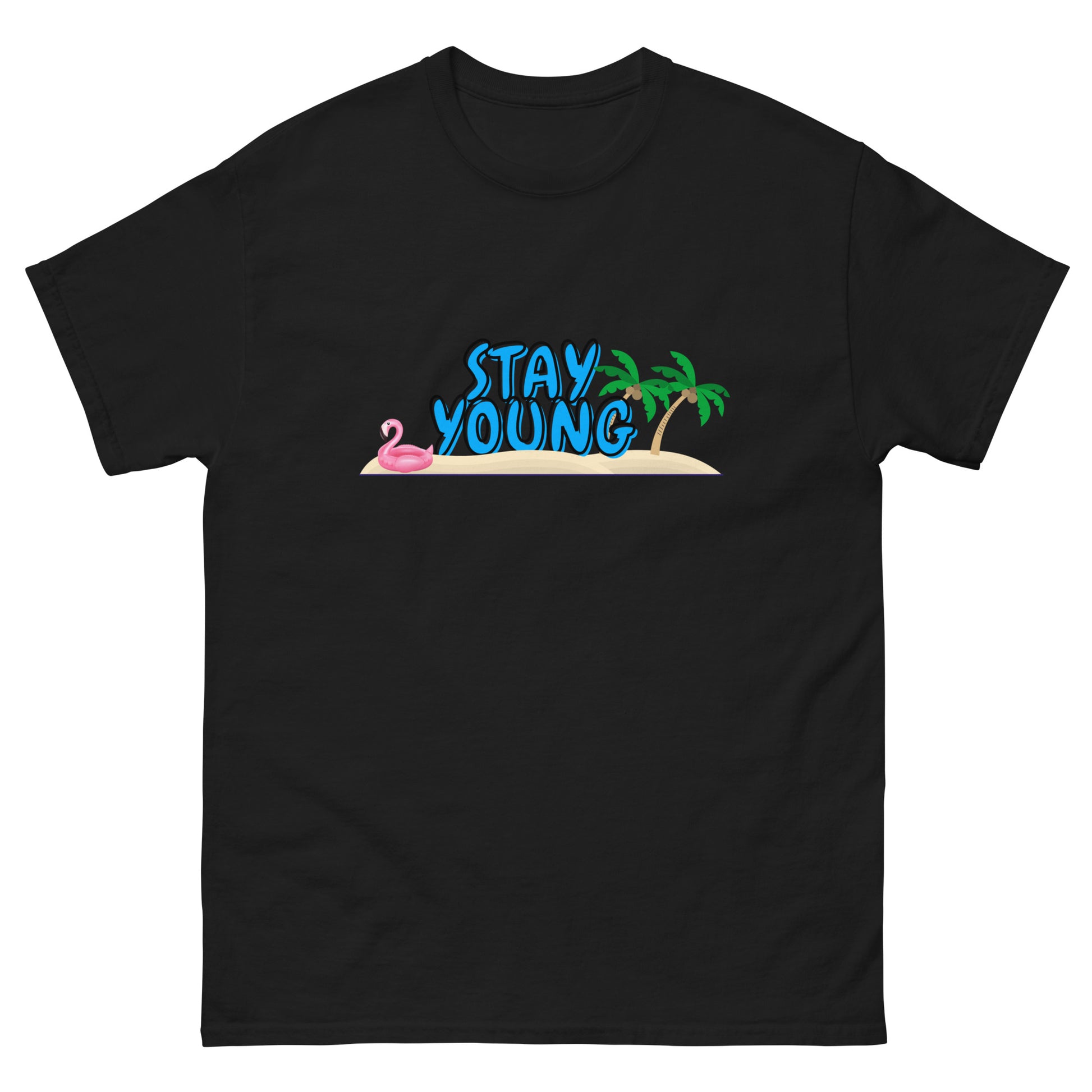 Stay Young Beach Theme T-shirt in black featuring a tropical graphic with palm trees. Made from lightweight cotton, perfect for summer vibes.