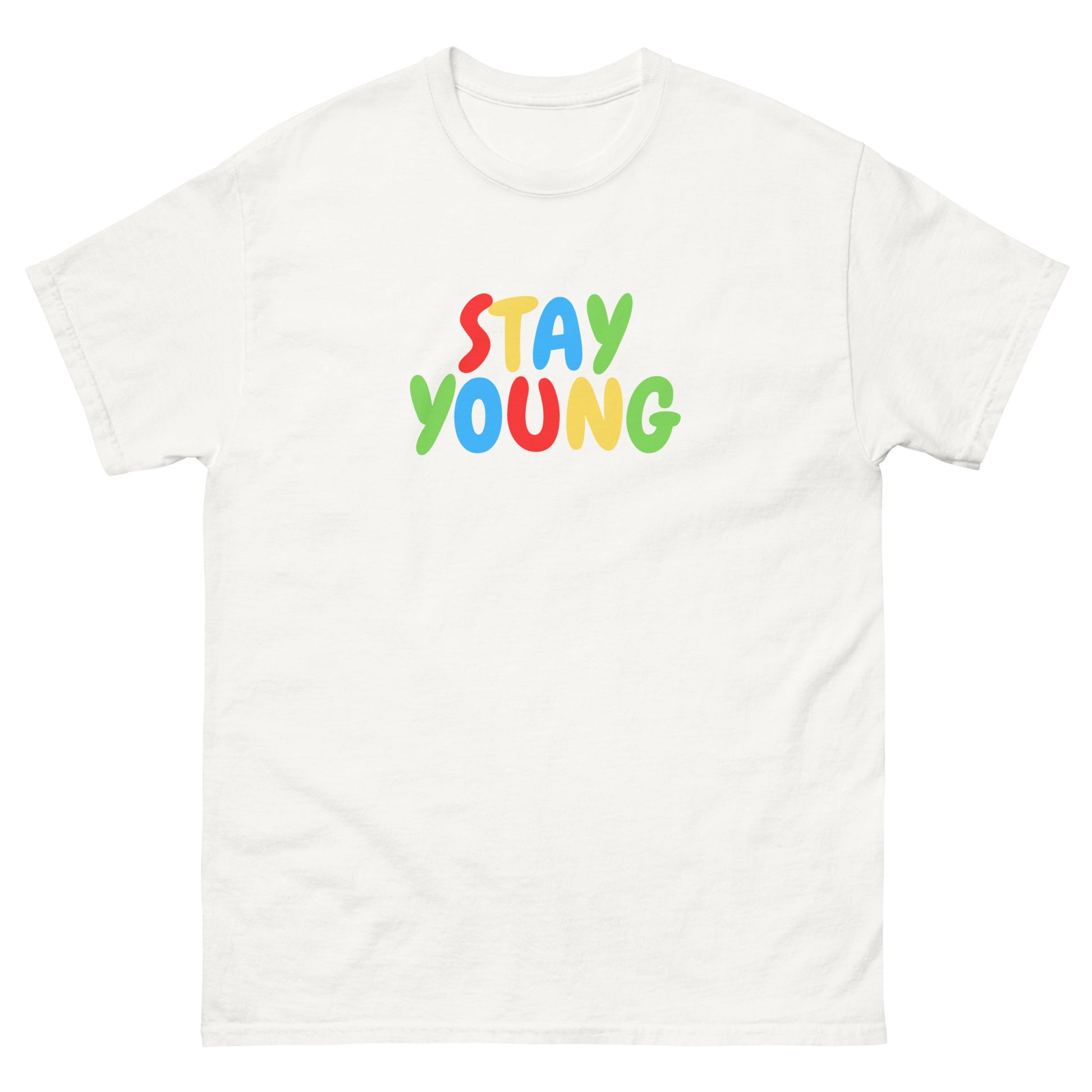 Stylish Stay Young graphic T-shirt in classic white with colorful logo, showcasing a fun and energetic design. Crafted from breathable cotton for a casual and trendy look.