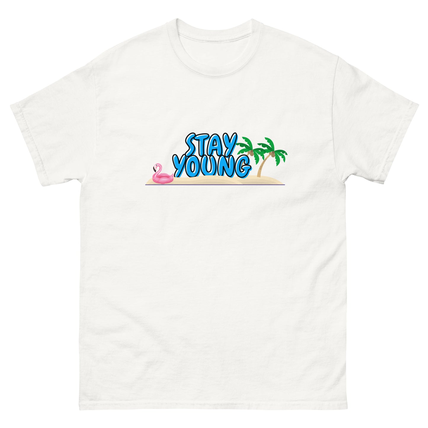 Stay Young Beach Theme T-shirt in classic white featuring a tropical graphic with palm trees. Made from lightweight cotton, perfect for summer vibes.