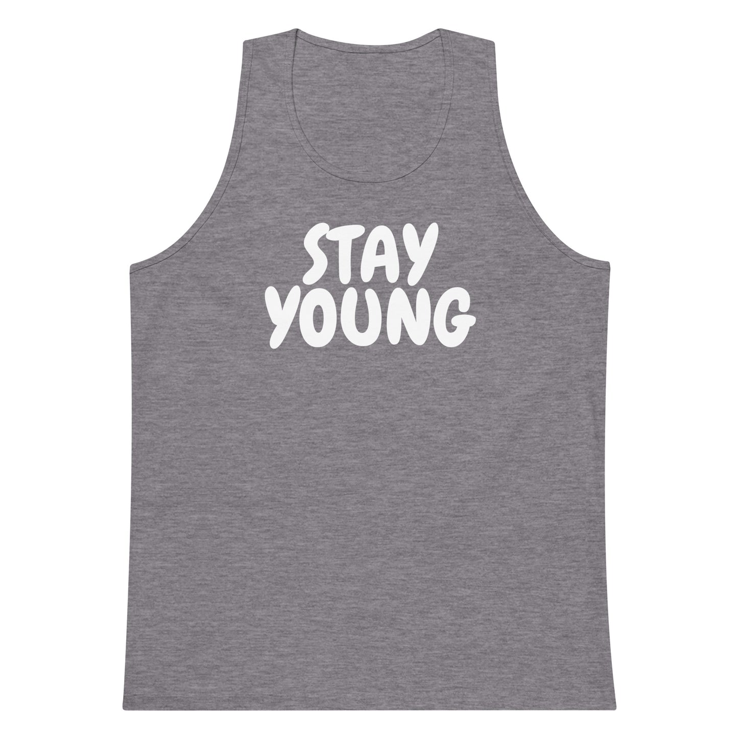 Stay Young Tank Top in heather grey with bold white lettering, featuring a bold graphic design. Made from lightweight cotton, perfect for summer adventures.