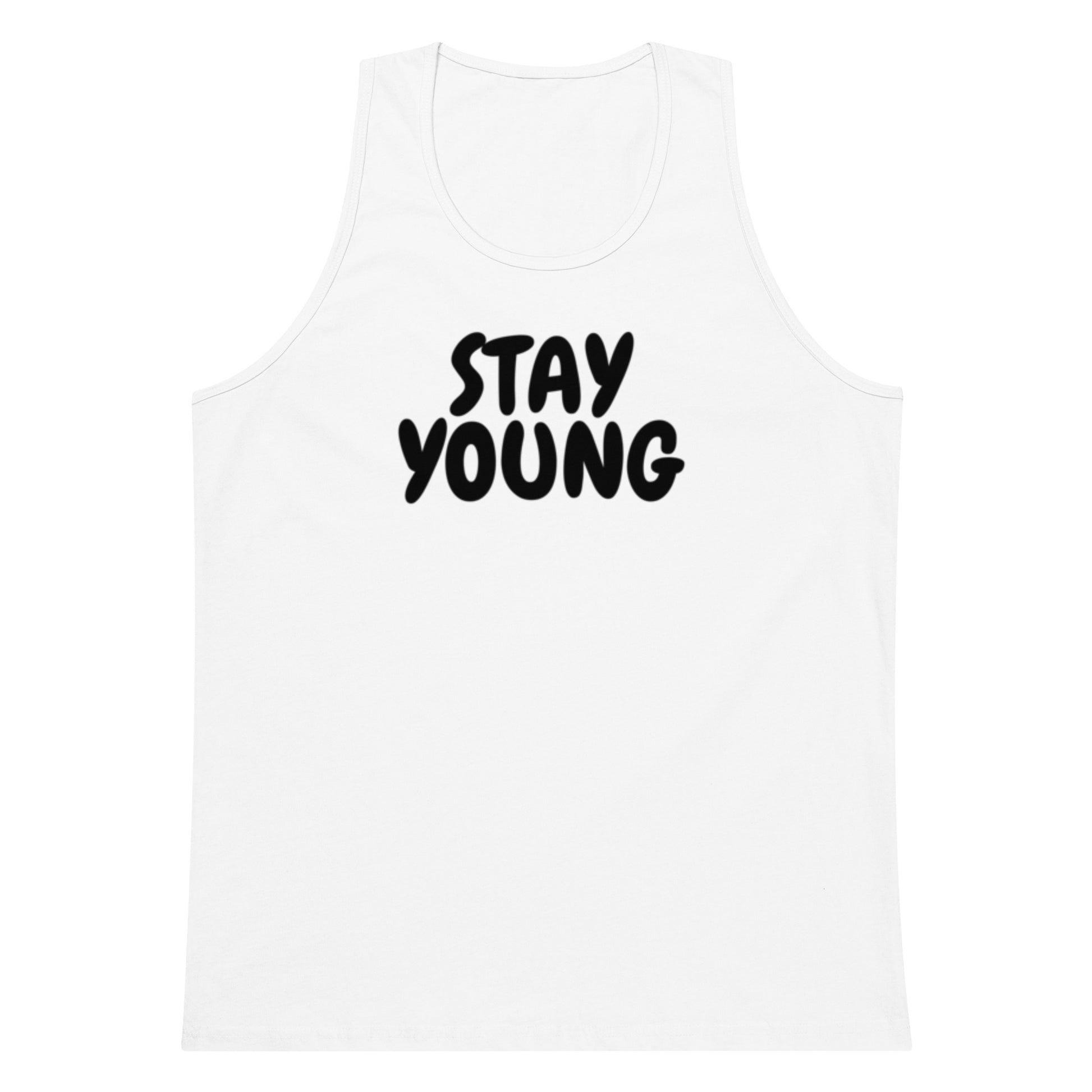 Stay Young Tank Top in white with bold black lettering, featuring a bold graphic design. Made from lightweight cotton, perfect for summer adventures.