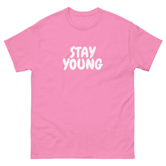 Stylish Stay Young graphic T-shirt in pink with white logo, showcasing a fun and energetic design. Crafted from breathable cotton for a casual and trendy look.