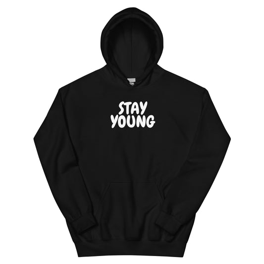 Comfortable Stay Young hoodie in classic black with white logo, highlighting a lively graphic print. Ideal for expressing youthful energy and style.