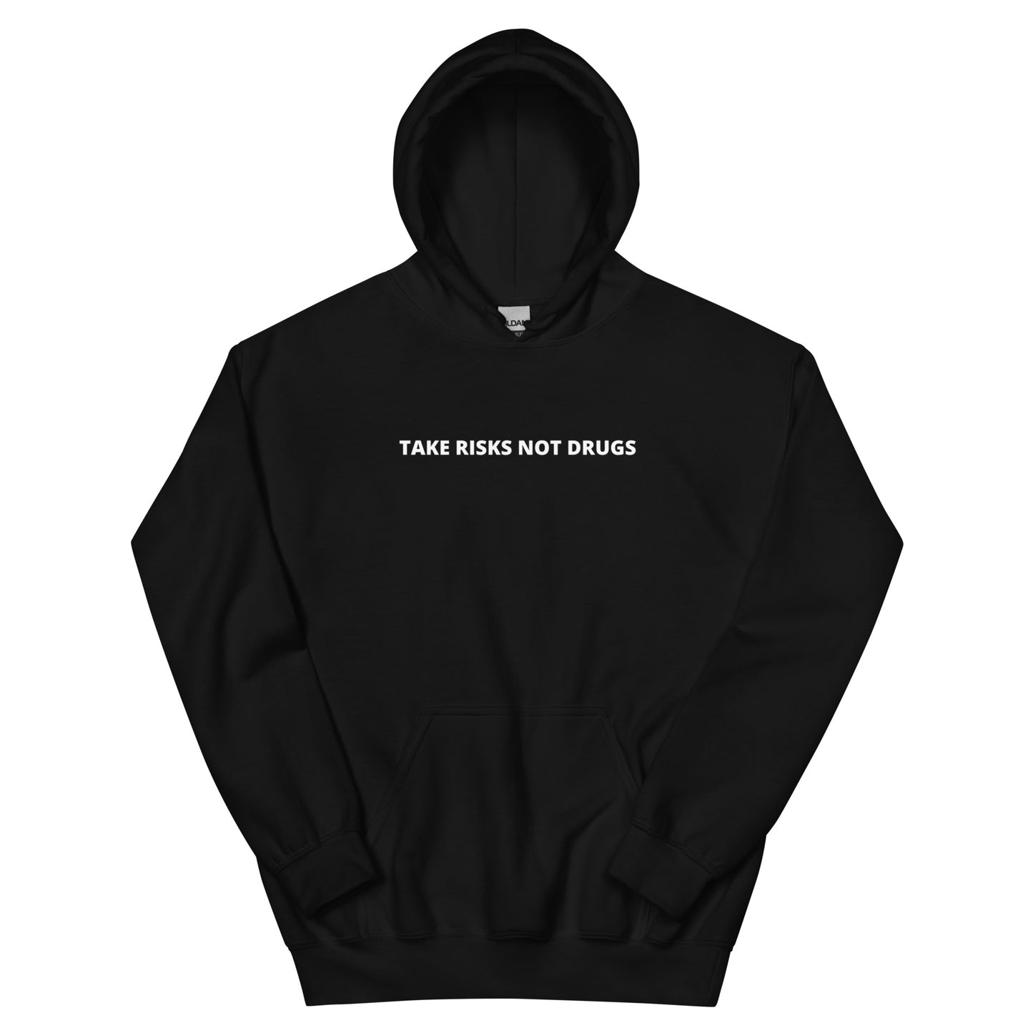 Take Risks Not Drugs Hoodie in black with an inspiring message and kangaroo pocket. Crafted from a cotton-polyester blend, ideal for casual wear.