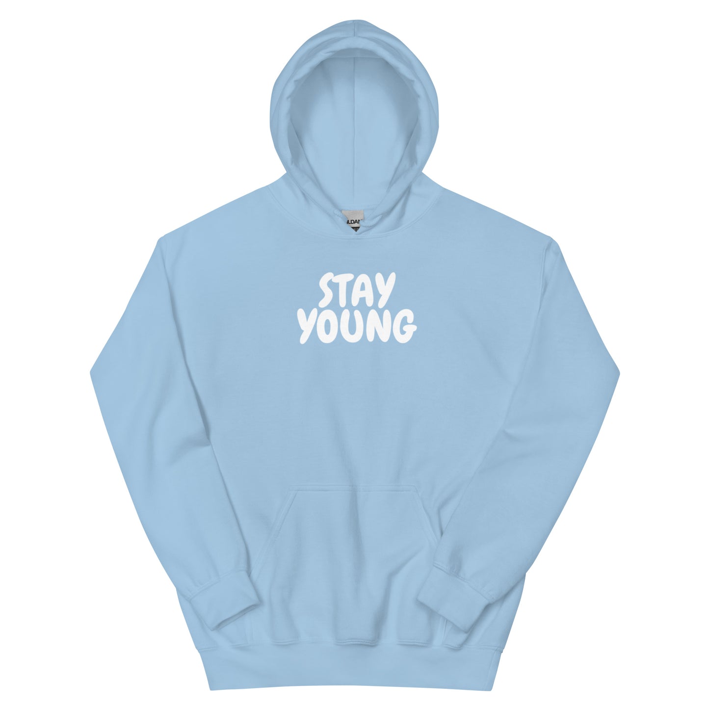 Comfortable Stay Young hoodie in light blue with white lettering, highlighting a lively graphic print. Ideal for expressing youthful energy and style.