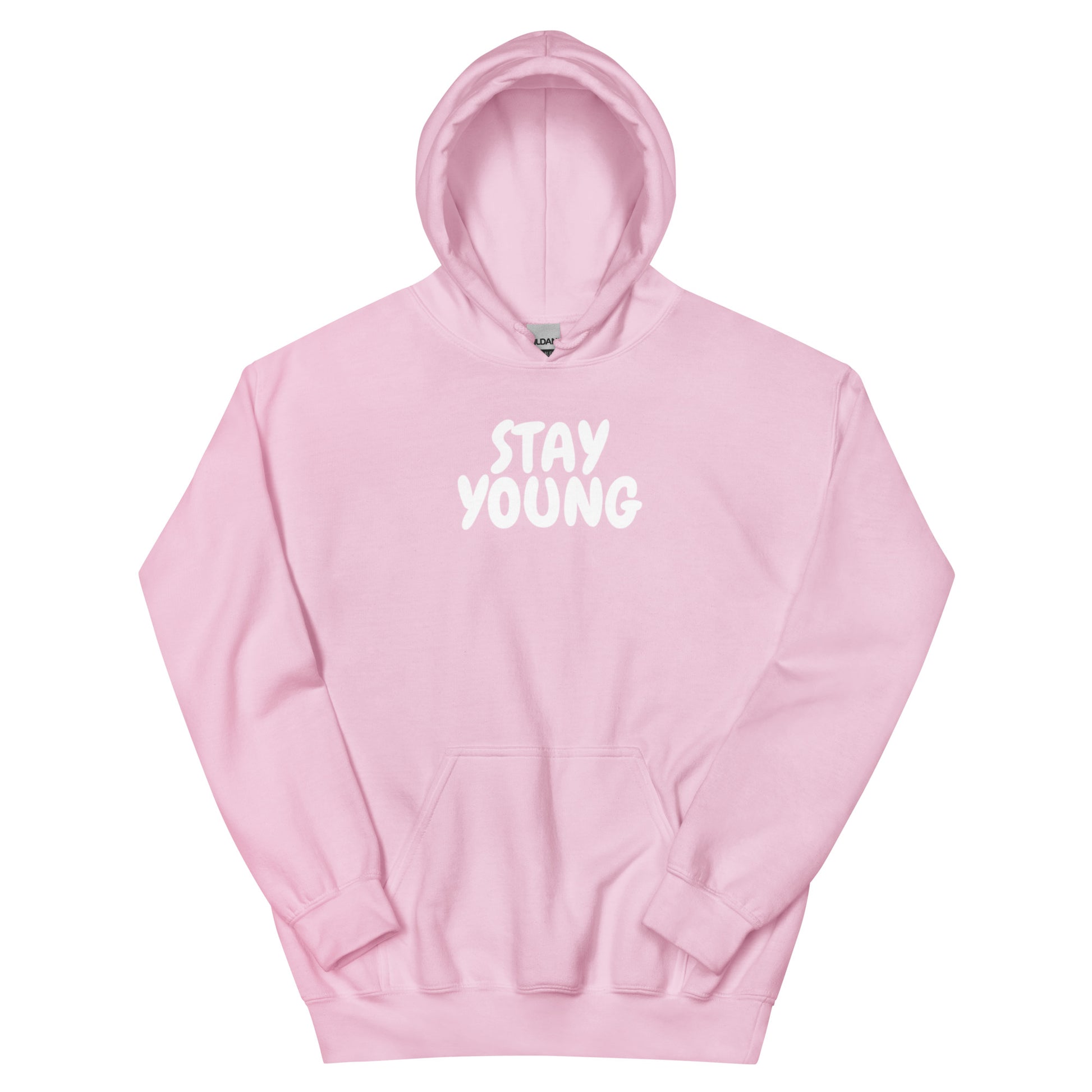 Comfortable Stay Young hoodie in a light pink with white lettering, highlighting a lively graphic print. Ideal for expressing youthful energy and style.